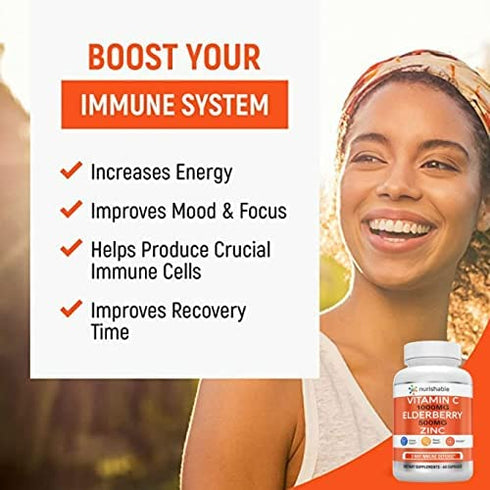 Elderberry with Zinc and Vitamin C For Adults - Vitamin C 1000mg Capsules with Zinc 50mg & Elderberry for Immune Support & Antioxidant Protection - Easy To Swallow, Non-GMO - 60 Veggie Capsules