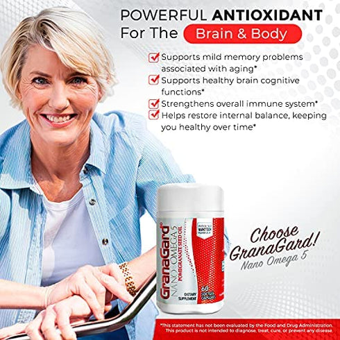 GranaGard Memory Supplement for Brain Omega 5 Nano Technology for Focus and Brain Booster, Antioxidant, 60 Memory Supplements for Brain Support, Pomegranate Extract