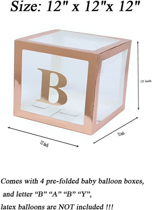 YJHSS Baby Shower Boxes Decorations for Girl & Boy, 4-Pack Transparent Balloons Boxes Décor with BABY Letters for Gender Reveal Baby Shower Decorations Bridal Showers Birthday Party, Rose Gold