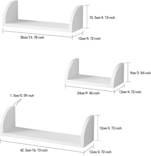 SRIWATANA White Floating Shelves, Solid Wood Wall Shelves Set of 3, Rustic Storage Shelves for Bedroom, Living Room, Kitchen, Bathroom - White