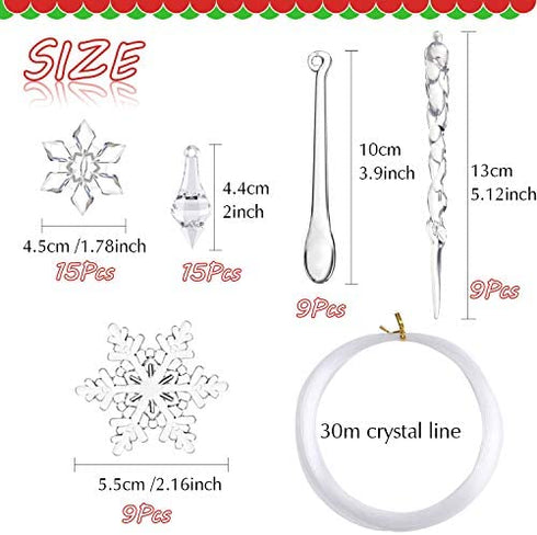 FEPITO 57 PCS Acrylic Christmas Decoration Acrylic Snowflake Icicles Christmas Icicle Snowflake with Crystal Line Ornaments Set for Christmas Tree Decorations