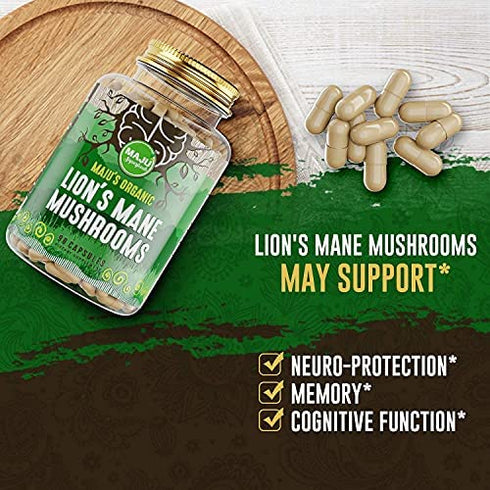 MAJU Organic Lions Mane Mushroom Capsules 90ct, Fruiting Bodies Steam Extract, Organic Mushrooms w/ Black Pepper Extract, Hericium Erinaceus