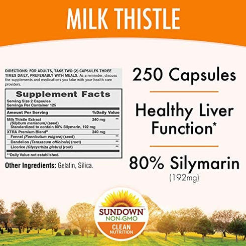 Milk Thistle by Sundown, Herbal Supplement, Supports Liver Health, Non-GMO, Free of Gluten, Dairy, Artificial Flavors, 80% Silymarin, 250 Capsules