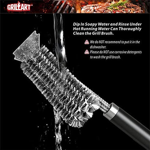 GRILLART Grill Brush and Scraper with Deluxe Handle, Safe Wire Grill Brush BBQ Cleaning Brush Grill Grate Cleaner for Gas Infrared Charcoal Porcelain Grills, BR-8529