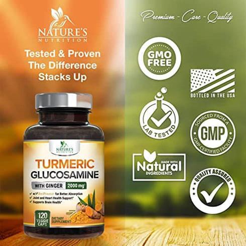 Turmeric Curcumin with Ginger & Glucosamine 2000mg with Black Pepper for Best Absorption, Joint Support, Made in USA, Natural Immune Support, Nature's Turmeric Supplement - 120 Veggie Caps