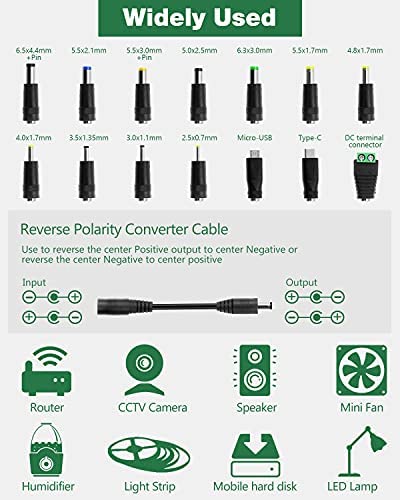 JOVNO Universal Power Supply 3V-24V 2A 48W Adjustable AC/DC Adapter 100~240V AC to DC 5V 9V 12V 15V 19V 20V with LED Display 14 Plugs 1 Reverse Polarity Converter Cable for LED Strips Motors Speaks