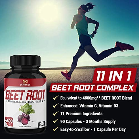 Beet Root Capsules - 4600mg Herbal Equivalent - 11in1 Powerful Blend of Olive Leaf, Garlic, Turmeric - Supports Healthy Blood Pressure, Digestive, Immune System - 3 Months Supply