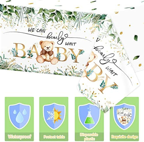Bear Baby Shower Tablecloth Plastic Teddy Bear Table Cover We Can Bearly Wait Baby Party Decorations Greenery Leaves Table Cover for Baby Shower Kids Birthday Party Supplies, 54 x 108 Inch (1 Pack)