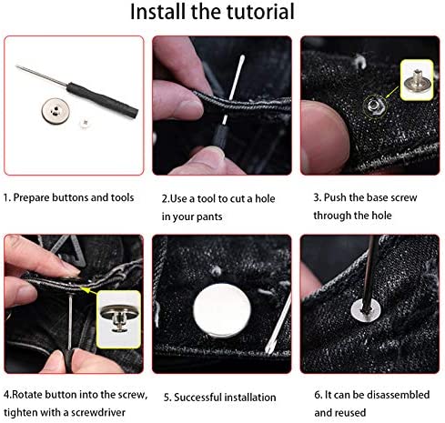 ICEYLI 17mm Replacement Jeans Buttons, 12 Sets Perfect Fit Instant Adjustable Pants Button,No-Sew Nailess Removable Metal Buttons Replacement Repair Combo Thread Rivets and Screwdrivers (style1)