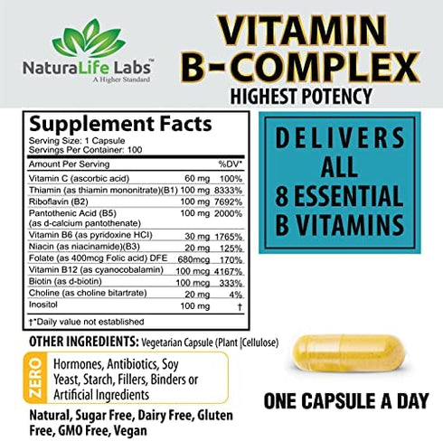 Vitamin B Complex with Vitamin C and Folic Acid - B12, B1, B2, B3, Vitamin B5 Pantothenic Acid, B6, B7, B9 - Nervous System Support & Supports Energy Metabolism Non-GMO- 100 Veggie Capsules