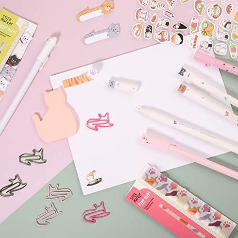 Cat Adhesive Notes Pen Set, Cat Self-Stick Page Flags with 9 Cat Gel Ink Pens 30 Cat Shaped Paper Clips and Cartoon Cat Stickers, Cat Index Tabs Kits for Home School Office