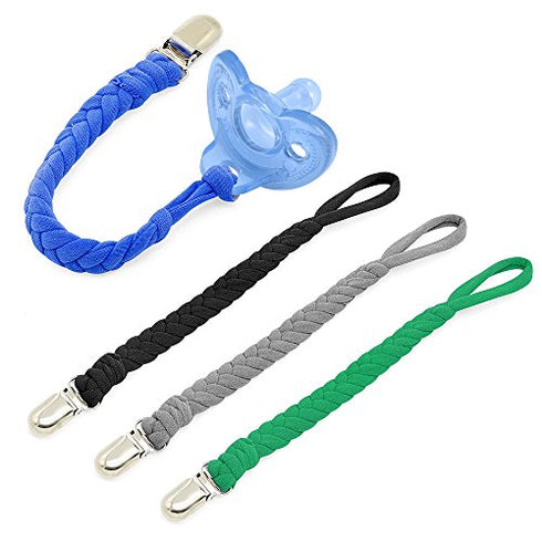 Pacifier Clip for Boys - 4 Pcs Pacifier Holder Leash for Girls, Soft Braided Pacifier Clips 100% Handmade Fits All Pacifiers, Modern Unisex Binky Holder(Green/Jewel Blue/Navy Blue/Gray)