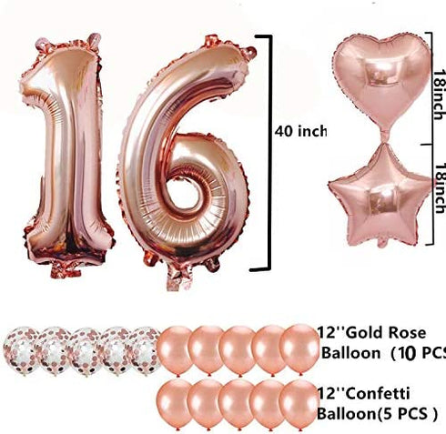 16th Birthday Decorations Party Supplies, Jumbo Rose Gold Foil Balloons for Birthday Party Supplies,Anniversary Events Decorations and Graduation Decorations Sweet 16 Party,16th Anniversary