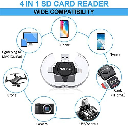 Trail Camera Viewer Compatible with iPhone iPad Mac Android, 4 in 1 SD and Micro Card Reader to View Photos from Wildlife Hunting Game Camera on Smartphone Compatible with iOS, Android Devices