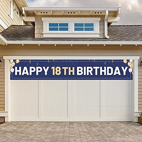 Happy 18th Birthday Banner Blue, Large 18th Bday Sign, 18th Birthday Party Outdoor Decoration for Boy Men?9.8 x 1.6 feet?