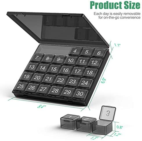 Monthly Pill Organizer Once a Day - 30 Day Pill Organizer Box - Squeeze to Open - Large Compartments Portable Case for Travel, Month Pill Cases Medicine Organizer for Vitamin (Black)