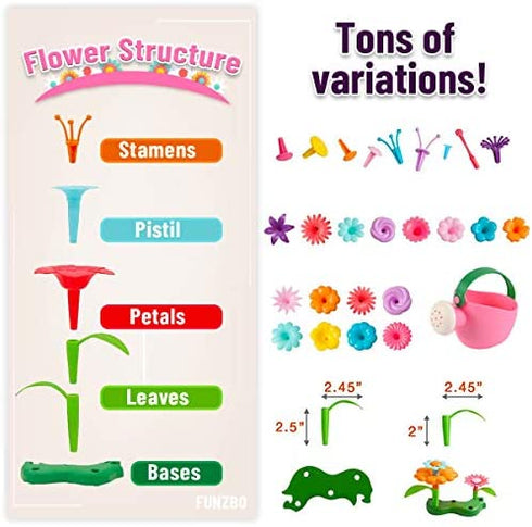 FUNZBO Flower Garden Building Toys for Girls - STEM Toy Gardening Pretend Gift for Kids - Stacking Game for Toddlers playset - Educational Activity for Preschool Children Age 3 4 5 6 7 Year Old Boys