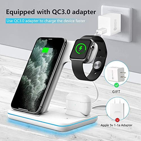 WAITIEE Wireless Charger 3 in 1, 15W Fast Charging Station for Apple iWatch 6/5/4/3/2/1,AirPods Pro, Compatible with iPhone 14/13/12/Pro Max/11 Series/XS Max/XR/XS/X/8/8 Plus/Samsung Galaxy (White)
