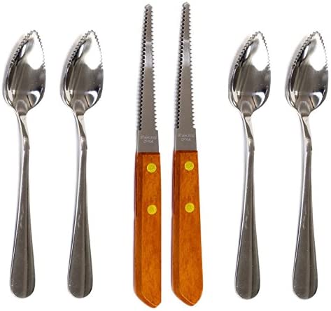 Four (4) Grapefruit Spoons and 2 Grapefruit Knives, Stainless Steel, Serrated Edges