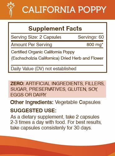 Secrets of the Tribe California Poppy 120 Capsules, 800 mg, California Poppy (Eschscholzia Californica) Dried Herb and Flower (120 Capsules)