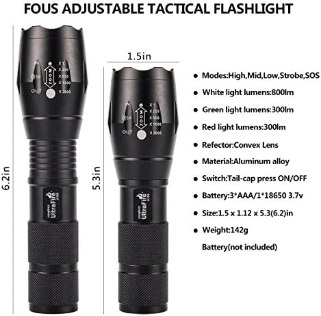 ULTRAFIRE Tactical LED Flashlight Hunting Flashlight A100 Focusable 3 Colors Exchange Glass Lens (Generate RED or Green Light )