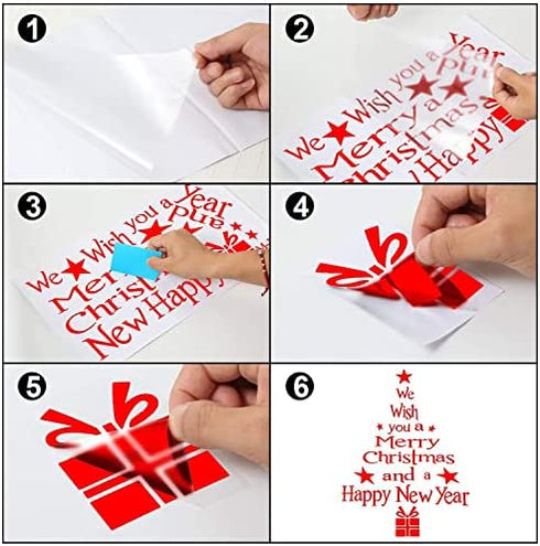 2 Pack Christmas Tree Letters Stick Wall Art Decal Mural Home Room Decor Removable Wall Window Sticker for Christmas Wall Decoration, Red&White