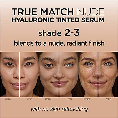 L'Oreal Paris True Match Nude Hyaluronic Tinted Serum Foundation with 1% Hyaluronic acid, Light 2-3, 1 fl. oz.