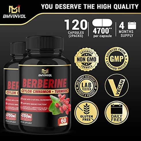 BMVINVOL (2 Packs) Berberine Supplement 4700mg Plus Ceylon Cinnamon, Turmeric - 120 Capsules - Supports Immune Function - Berberine HCl Supplement Pills - 4 Months Supply