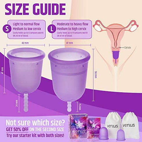 Venus Large Menstrual Cup – High Capacity for Heavy Flow – Made in USA – 100% Medical Grade Silicone Reusable Period Cup – for High Cervix - Unique Design to Ease Your Period Cycle | Purple