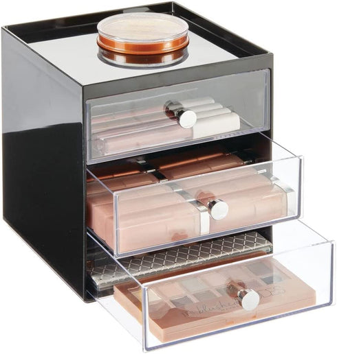 mDesign Plastic Makeup Organizer Storage Station Cube with 3 Drawers for Bathroom Vanity, Cabinet, Countertops - Holds Lip Gloss, Eyeshadow Palettes, Brushes, Blush, Mascara - Black/Clear