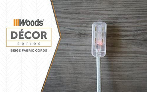 Woods 64598301 Decor Series 8-Foot Fabric Braided Indoor Extension Cord with Lighted Ends, 3 Polarized 2-Prong Outlets, Right Angle Plug, 125 Volts, Beige