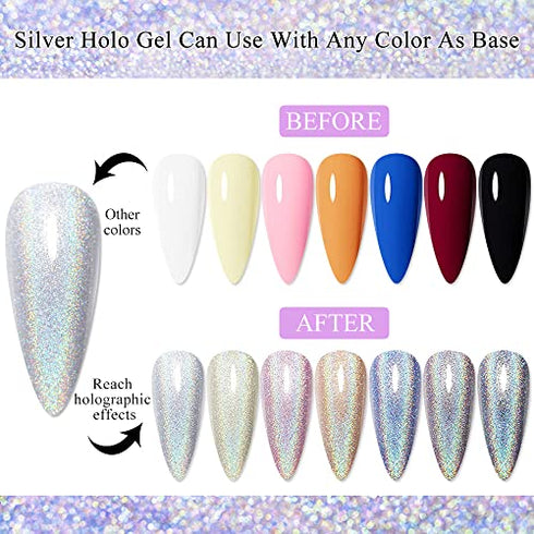 Supwee Universal Holographic Gel Polish Silver Glitter Nail Polish Gel Laser Nail Gel Polish Glossy Iridescent Mermaid Effect Varnish Soak Off UV Gel Nail Art for Nail Salon 10ml(0.33fl.oz)