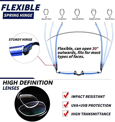 JJWELL 3 Pack Blue Light Blocking Reading Glasses for Women, Anti Eyestrain/Computer Glare UV 400 Filter Readers with Spring Hinge, Lightweight Rimless Tinted Metal Blue Rays Eyeglasses (3.00)
