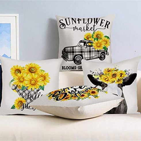 Hexagram Rustic Sunflower Pillow Covers 18 x 18 Set of 4 Decorative Farmhouse Cow Truck Design Soft Linen Throw Pillow Cover Cushion Case for Sofa Bench Living Room Indoor Outdoor Home Decor