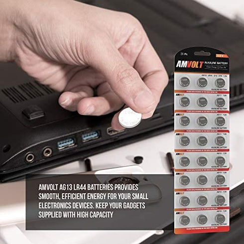 AmVolt- Pack of 24 LR44 Batteries AG13 SR44 357 303 Premium Alkaline Non Rechargeable Button Battery, 1.5 Volt Small Batteries for Watches Clocks & Electronic Devices