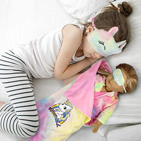 WONDOLL 18-inch Doll Clothes and Doll Sleeping Bag Set with Matching Sleepover Masks & Pillow