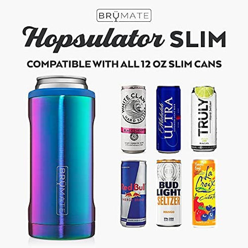 BrüMate Hopsulator Slim Can Cooler Insulated for 12oz Slim Cans | Skinny Can Coozie Insulated Stainless Steel Drink Holder for Hard Seltzer, Beer, Soda, and Energy Drinks (Rainbow Titanium)