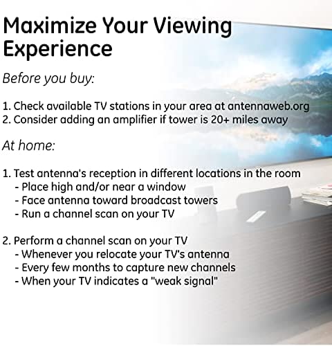 GE Flat Panel Indoor HD Digital TV Antenna, Long Range Smart TV Antenna, Supports 4K 1080P HD Smart TV VHF UHF, Extendable Dipole Rabbit Ears, Adjustable Stand, 5ft Coax HDTV Cable, 33681