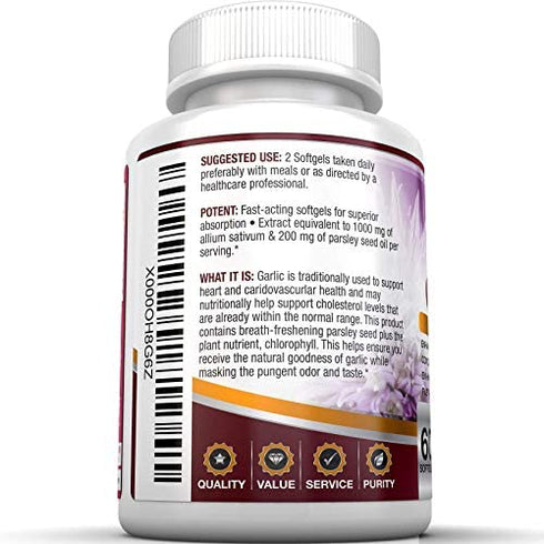BRI Nutrition Odorless Garlic - 60 Softgels - 1000mg Pure and Potent Garlic Allium Sativum Supplement (Maximum Strength) - 30 Day Supply