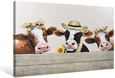 Seven Wall Arts Cow Wall Décor Farmhouse Canvas Wall Art Rustic Cow Picture Print Country Farm Animal Dairy Cattle with Yellow Sunflower Artwork for Kitchen Bathroom Bedroom Living Room Home Decor Ready to Hang 12"x16"