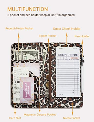 Zreal Server Book for Waitress, 5 X 9 Leopard Serving Books with Zipper Pouch, Magnetic Closure Pocket with High Volume, Cute Waitress Book Organizer with Money Pocket Fit Server Apron (Light Leopard)