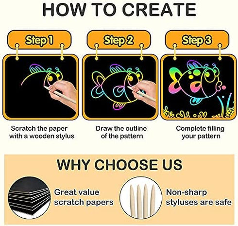 QXNEW Scratch Rainbow Art for Kids: Magic Scratch off Paper Children Art Crafts Set Kit Supplies Toys Black Scratch Sheets Notes Cards for Boys Girls Birthday Party Favors Games Christmas Easter Gifts
