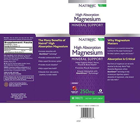 Natrol High Absorption Magnesium Chew Tablets, Purple, Cranberry, 60 Count