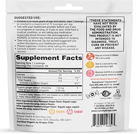 USDA Organic Tropical Ginger Variety Pack Tummydrops (mix of pineapple & yumberry, 33 individually wrapped drops)