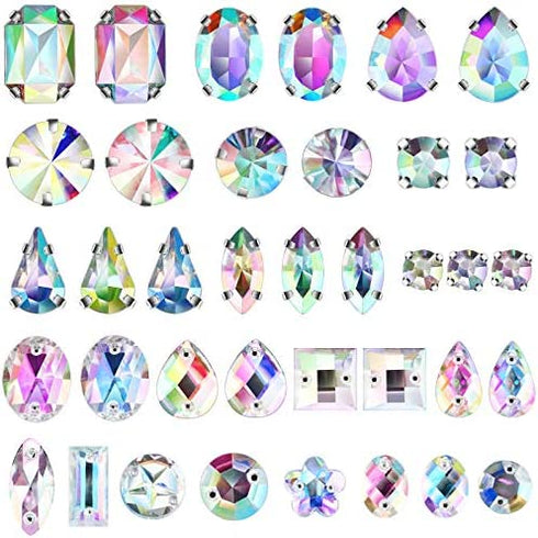 320 Pieces Sew on Rhinestone Sew Crystals Acrylic Gems Sewing Claw Rhinestone Flatback Gemstones with Hole Silver Prong in Mix Shape Mixed Size for DIY Crafts Clothes Shoes Bag Decoration (Crystal AB)