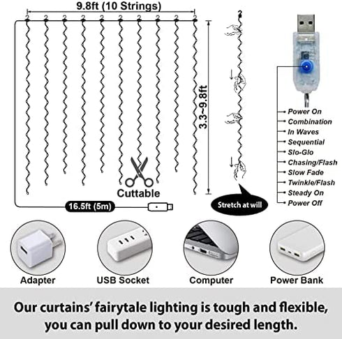 HXWEIYE 300LED Fairy Curtain Light (Upgrade Two Kinds of Light Clips) with Remote 8 Modes Times?USB Plug-in Christmas Fairy Hanging String Light for Bedroom, Parties, Walls, Windows ?9.8x9.8Ft, White?