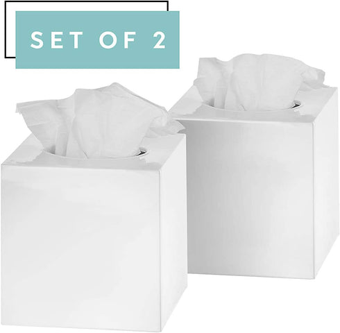 DW‹LLZA HOM‹ Tissue Box Cover Square - Facial Cube Tissue Box Holder Case Dispenser for Bathroom Vanity Countertop, Bedroom Dresser, Office Desk or Night Stand Table, 2 Pack - White