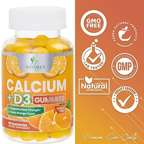 Sugar Free Chewable Calcium Gummies with Vitamin D3 - Premium Calcium & Vitamin D Gummy Chews for Bone & Teeth Health & Immue Support - Non-GMO, Orange Flavor, Nature's Supplement - 60 Gummies