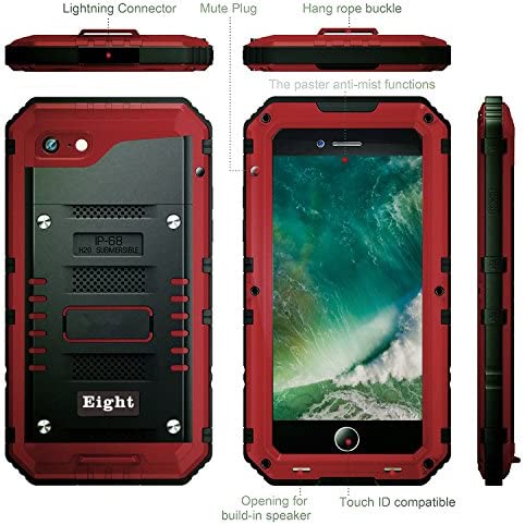 iPhone SE (2022) / SE (2020) / 8/7 Waterproof Case Heavy Duty with Built-in Screen Full Body Protective Shockproof Drop Proof Hybrid Hard Cover for iPhone SE (2022) / SE (2020) / 8/7 (Red)