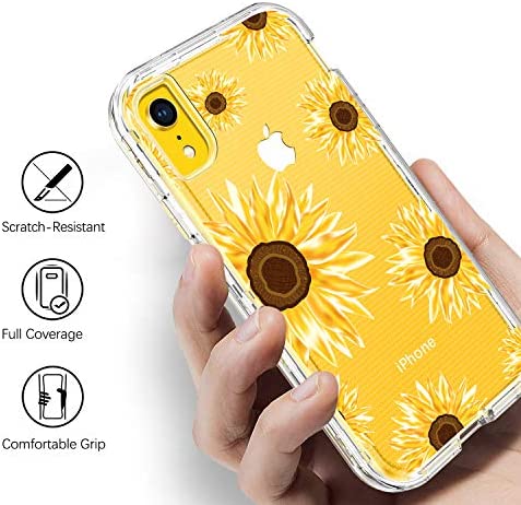 GUAGUA iPhone XR Case Sunflower Clear Floral Flowers for Girls Women 3 in 1 Hybrid Hard Plastic Soft Rubber Cover Shockproof Protective Phone Cases for iPhone XR 6.1-inch Transparent Yellow